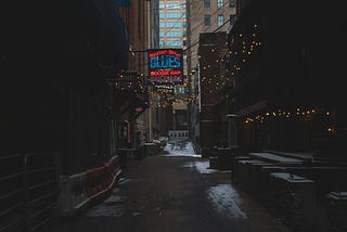 A strip of bars, with neon and string lights, in an alley on an early winter morning.