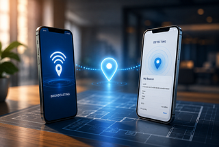 Two smartphones demonstrate indoor positioning using Bluetooth iBeacons. One phone broadcasts a beacon signal while the other detects it, with a glowing location marker between them over an architectural floor plan, illustrating how iBeacon technology enables indoor navigation and proximity detection.