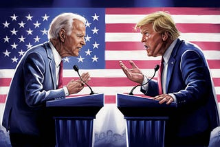 Joe Biden and Donald Trump debating on the stage illustration