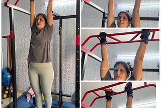 A woman doing a dead hang from a bar in three different grip positions.