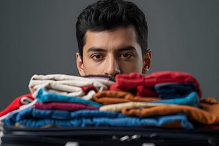 A man staring at a suitcase so packed it cannot be closed.