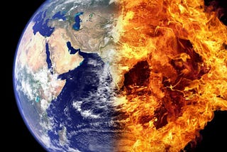 Right side of earth fine, left side of earth on fire being destroyed