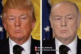 A modified picture of President Trump, edited to show him without spray tan or combover hair.