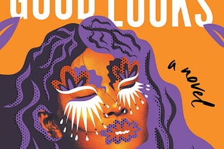 Book cover for The God of Good Looks. Art work depicts a woman whose brown skin tone blends with the orange background. She has purple hair and emphatic eye make-up that make her look fierce but calm. I’d describe the image as pop art with a dash of the surreal but I’m no art expert.