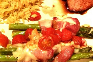 Side Dish — Bacon-Wrapped Asparagus Spears with Tomatoes and Taleggio Cheese