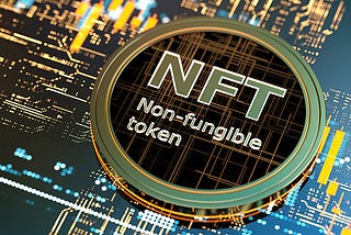 A picture of a round token with the letters NFT meaning Non Fungible Token.