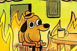 A dog sitting in a burning room