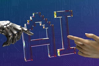 Cover image of the post. A robotic hand and a human hand with their protruded index fingers almost touching each other. Behind the two hands, near the tips of the index fingers, the text “AI” on a blue background.