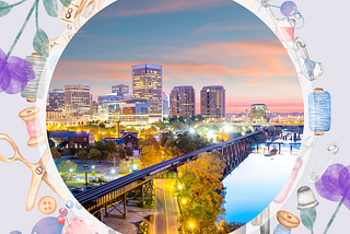 A view of Richmond, Virginia is surrounded by graphics of thread, needles, scissors, and floral aesthetic