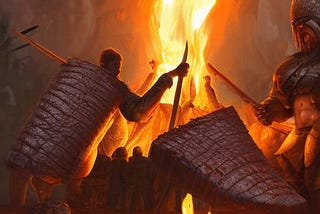 AI generated image of giant ribs roasting on a spit over a campfire with a muscled barbarian warrior standing nearby.