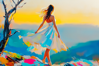 A woman in a flowing white dress stands on a cliff at sunset, her hair swaying in the breeze, framed by a lone tree and vivid colors.