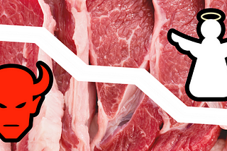 background photo of steaks overlayed by devil image on one corner and angel on the other with jagged dividing line between illustrating controversial opinions about eating meat