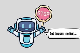 An AI robot holding up a stop sign and telling people to get through it first