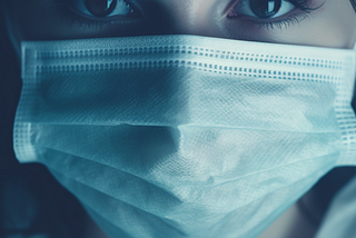 Close-up of a woman wearing a baggy surgical mask that does not prevent transmission of airborne viruses. Image created by Karistina Lafae using Midjourney.