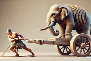A man pulling an elephant with his bare hands