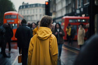 A woman in a yellow raincoat stands alone on a London pavement.