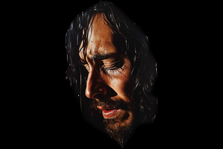 A man’s face surrounded by darkness, he is looking down, eyes almost closed, head downcast, alone.