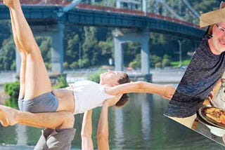 Young adults holding a yoga pose on top of each other in front of bridge over calm water. Taped in corner is a picture of 20 something and 60 something holding a pizza.