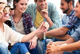 a group of people form a circle talking happily, more people see them and come to join