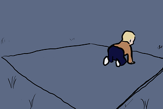 A cartoon drawing of a baby on a blanket on grass, crawling away. The color scheme is subdued, slate-blue, and the baby is a bright spot.