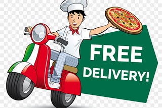 A graphic of a chef riding a scooter and holding up a pizza, behind which appear the words “Free Delivery!” Would you order a pizza that was delivered without a box?