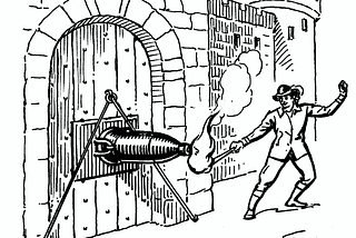 A drawing of a man lighting a small bomb called a petard in an attempt to blast open a castle door.