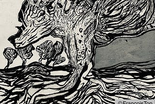 Black and white abstract illustration of a large, central tree with swirling, textured bark and branches. Smaller, similarly styled trees appear in the background, set against a sky shaded in gray tones. The image is highly stylized with bold, expressive lines. A watermark in the bottom right corner reads “©FrancoisTop.”