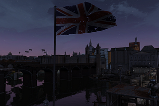 A lovely indigo sky about to see sunset, framing the UK flag fluttering above the roofs of a settlement on London Bridge.