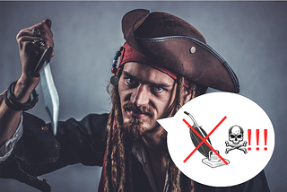 Pirate brandishing a knife. Speech balloon contains an image of a vacuum cleaner with a red “X” over it, followed by an image of a skull and crossbones followed by three red excaimation points.