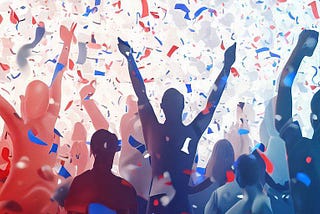Diverse people celebrating a victory for equality under white, blue and red confetti.