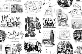Classic black and white New Yorker cartoons arranged in a balanced pattern for wallpaper.