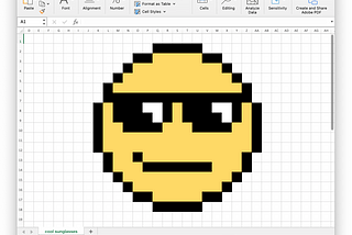 A spreadsheet showing an emoji of a face wearing sunglasses, looking cool