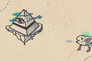 A pyramid, representing classical org charts, and a fish with legs, representing Evolutionary Theory according to Darwin.