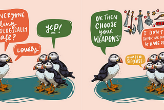 Puffins chosing their weapons
