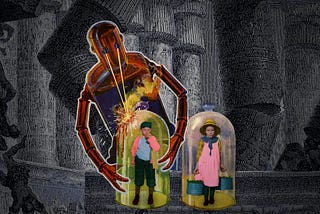 A killer 1940s robot zapping two large domes with eye-lasers; trapped under the domes are two children, taken from 1910s photos of child laborers; one, a little girl in a straw hat, is holding two heavy buckets. The other, a newsie with a shoulder bag, is picking his nose. The background is the collapsing pillars seen in Dore’s engraving of The Death of Solomon.