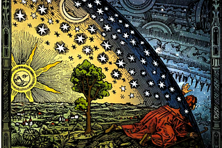 alchemical image by flammarion of man in country background with sun stars moon reaching through a hemisphere into a blue layerd with symbols