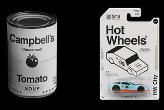 Image of four iconic brands (Heinz ketchup, Campbell’s tomato soup, Hot Wheels, and Coca-Cola) with their trademark colours and unique fonts removed.