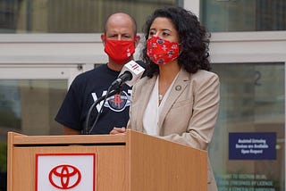 Harris County Judge Lina Hidalgo speaks at the Toyota Center’s voter registration drive. Photo Creds to USA Today.