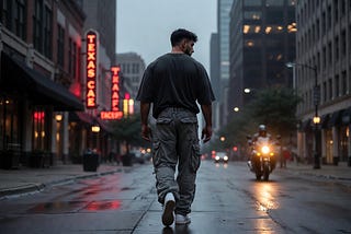 A cinematic wide-angle shot of a muscular man from behind on a rain-slicked Dallas street, bypassed by a motorcycle while a family follows him intensely.