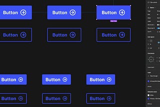 A row of Button components in Figma, with the Inspector panel showing various properties