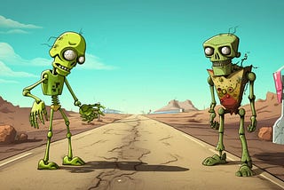 A zombie and a robot are standing in the middle of a road in the desert