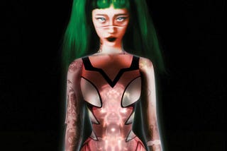 The album cover of Yeule’s Glitch Princess. A female body with long green pigtails.