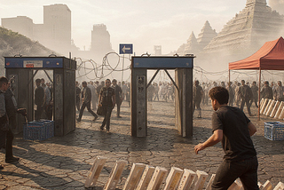 Three checkpoints stand before a child knocking over large dominoes. A large crowd is in front. The earth is cracked from heat. Modern buildings nad ancient temples are visible on the horizon.