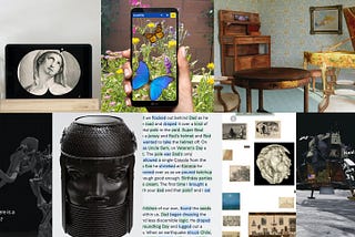 Seven very different looking images representing prototypes using Smithsonian Open Access collections in different ways, including: image on a clock face, butterflies from the Smithsonian Museum of Natural History, an augmented reality room furnished with objects from La Belle Epoque, woolly mammoth skeleton, a 3D rendering of a King’s head from the Kingdom of Benin, text and associated images set up like a virtual gallery, Apollo 11 mission lander in a “virtual moon museum”