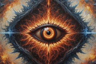 A singular eye riddled by fire and various shapes. It looks like the eye of Sauron from Lord of the Rings.