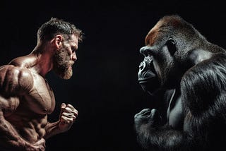 Muscular man and gorilla face each other in mirrored pose, showcasing strength and intensity.