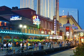 Atlantic City, NJ boardwalk at dusk.
