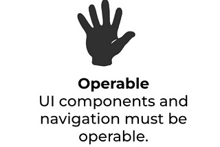 White background with an image of a hand filled in with the color black. Words in black font says Operable, UI components and navigation must be operable.