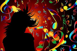 A colorful artistic image of a shaded and silhouetted person with long hair standing near dozens of colorful music notes. The person seems to be listening to music.