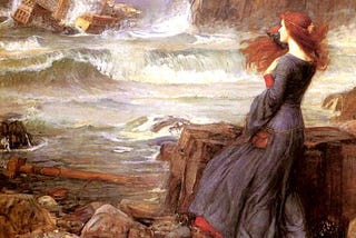 A painting of Miranda looking on the destruction of the King of Naples ship from The Tempest.